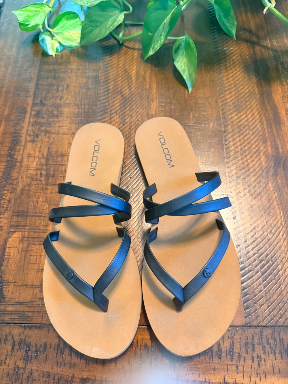 Volcom Women's Black Strappy Sandals with Tan Footbed